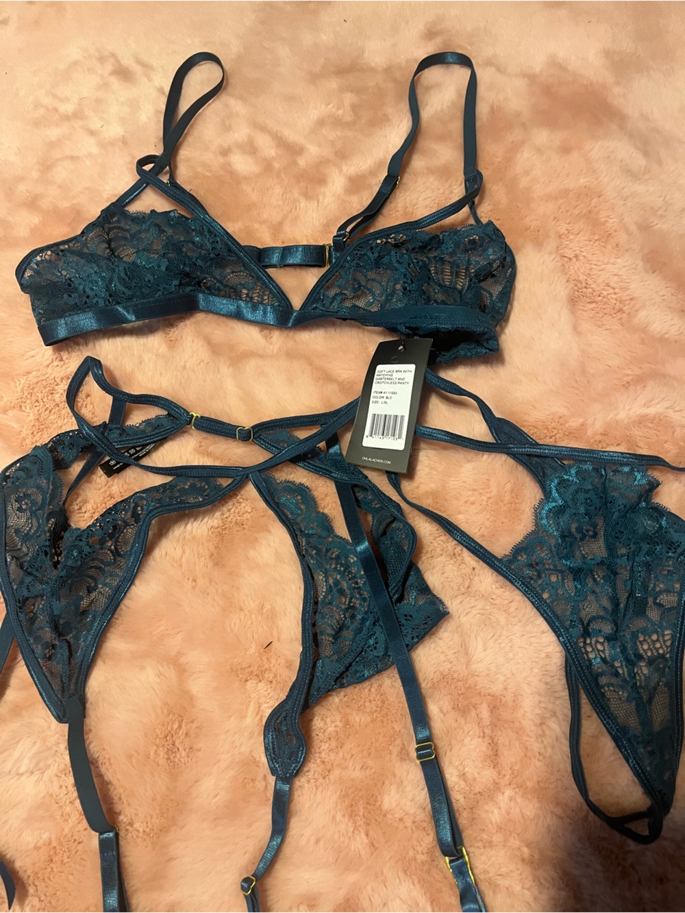 NWT lingerie Sheer Lace Strappy Bralette, Garter & Thong Panty Set - Teal